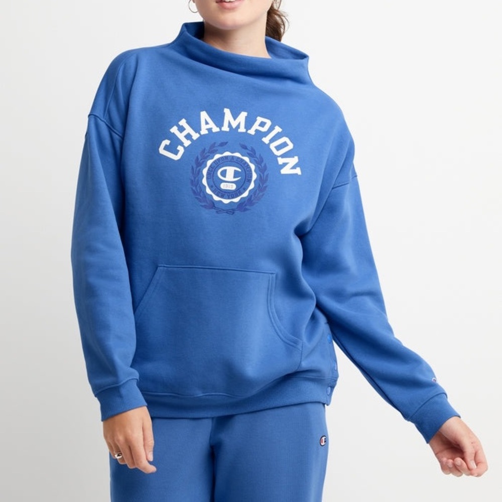 NWT Champion Campus Eco Fleece Funnel Neck Sweatshirt Warm Blueberry Blue Large